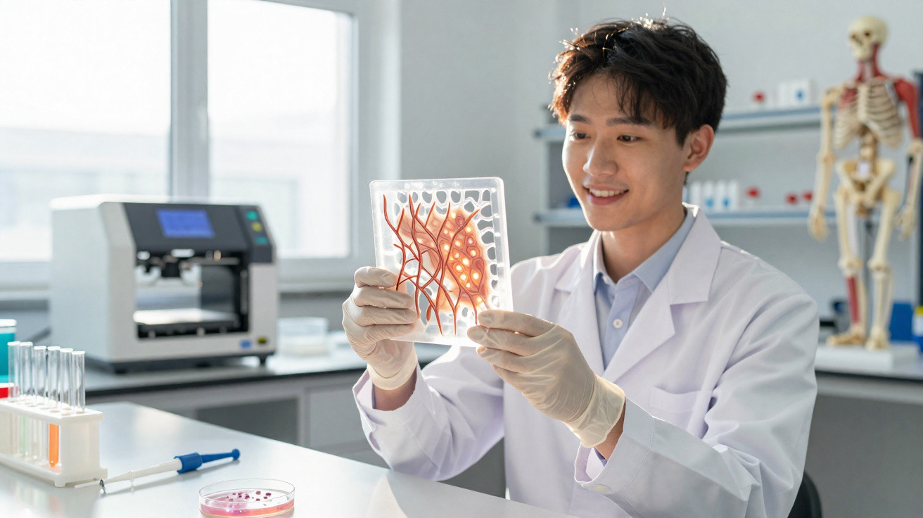 Cientista sorridente a observar lâmina transparente com células em laboratório científico.