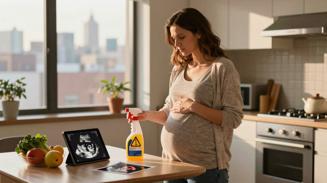 Mulher grávida na cozinha segura frasco de limpeza enquanto observa ecografia do bebé numa mesa.