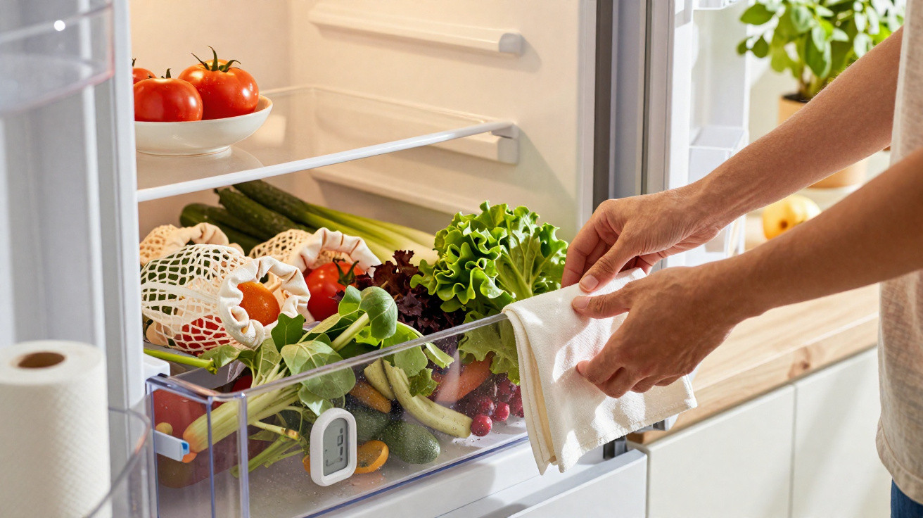 Mãos a limpar o interior de um frigorífico cheio de legumes e frutas frescas.