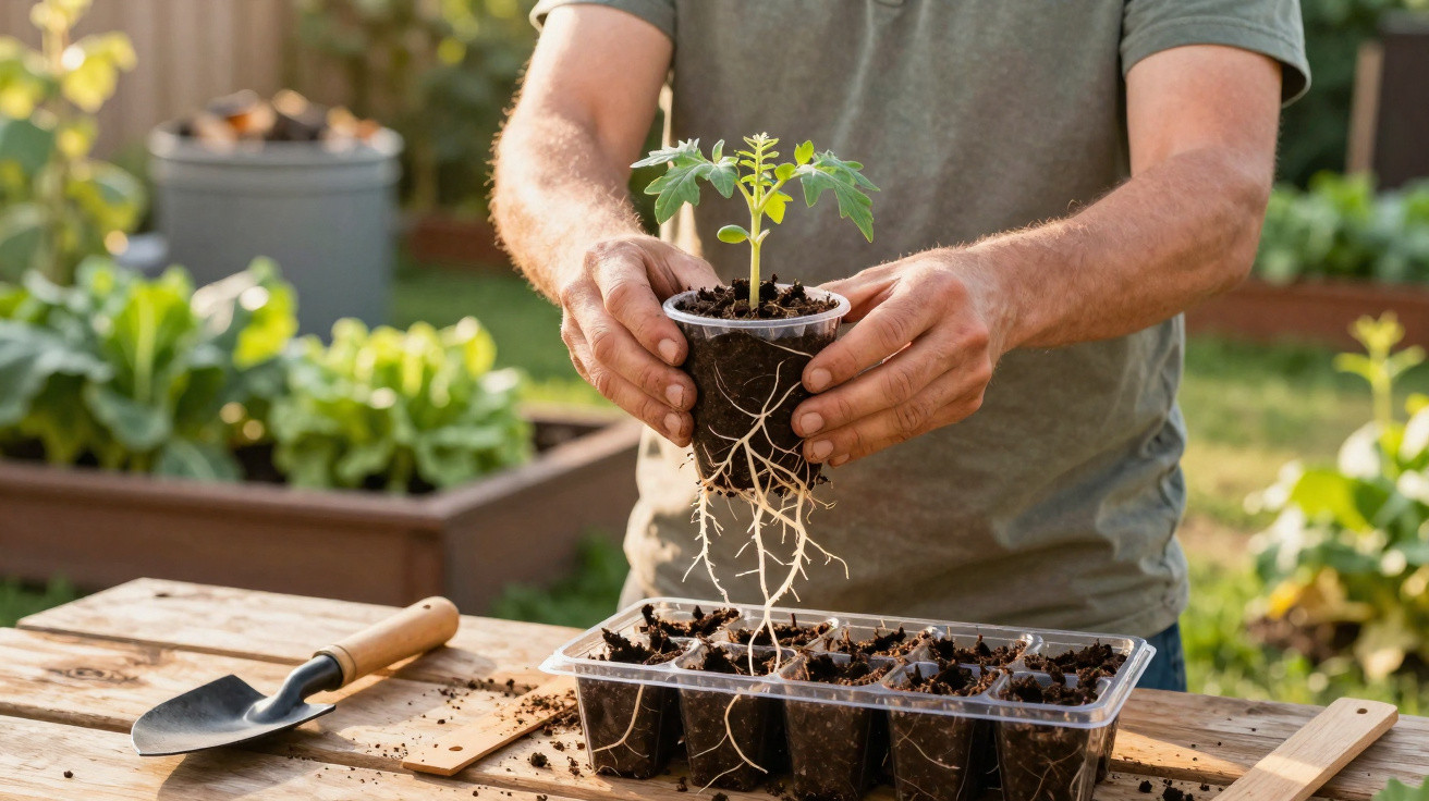 Pessoa a transplantar muda de planta com raízes visíveis em copo de plástico numa mesa de madeira.