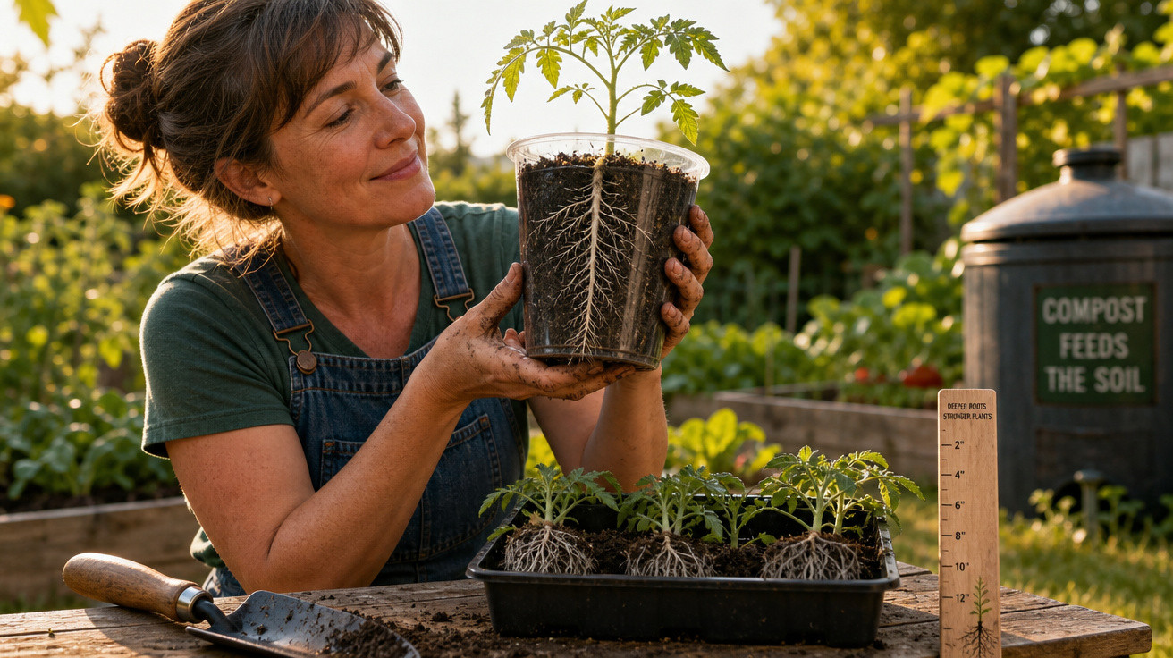 Mulher segura vaso transparente com planta e raízes aparentes, rodeada por plantas e utensílios de jardinagem.