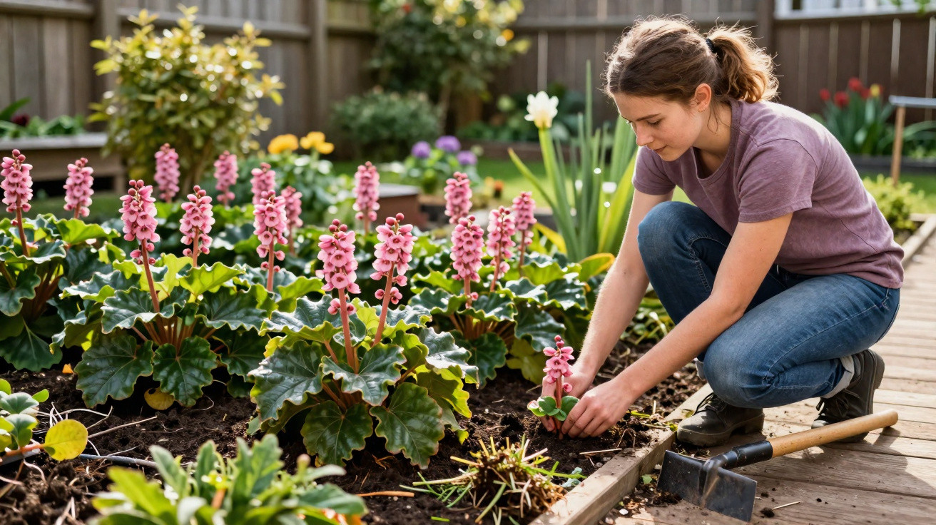Mulher a cuidar de plantas com flores cor-de-rosa num jardim com ferramentas de jardinagem ao lado.