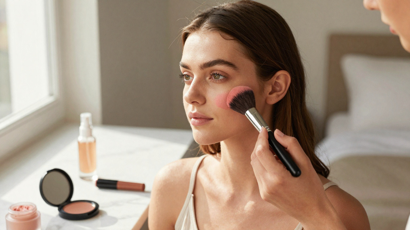 Mulher a aplicar blush rosa com pincel, numa sala com luz natural junto a uma janela.