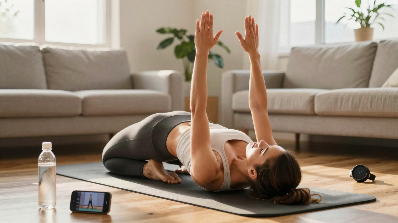 Mulher a fazer exercício de yoga em casa, deitada e esticando os braços para cima numa sala iluminada.