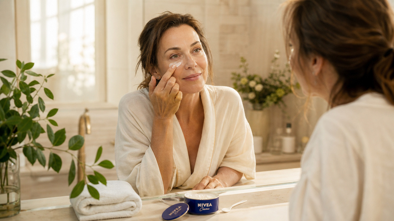 Mulher a aplicar creme Nivea no rosto em casa, olhando para o espelho no banheiro luminoso.