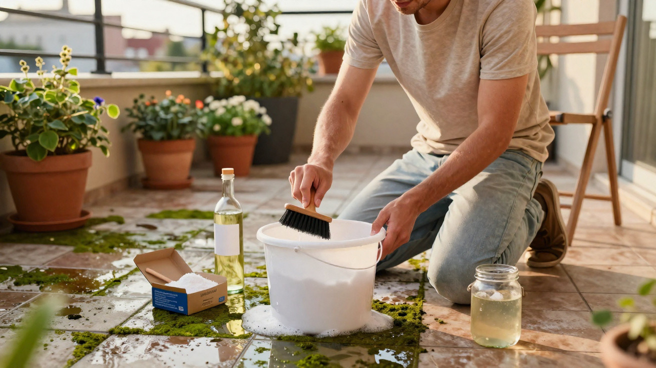 Homem a limpar chão exterior com escova, balde de água e produtos de limpeza, rodeado por plantas.