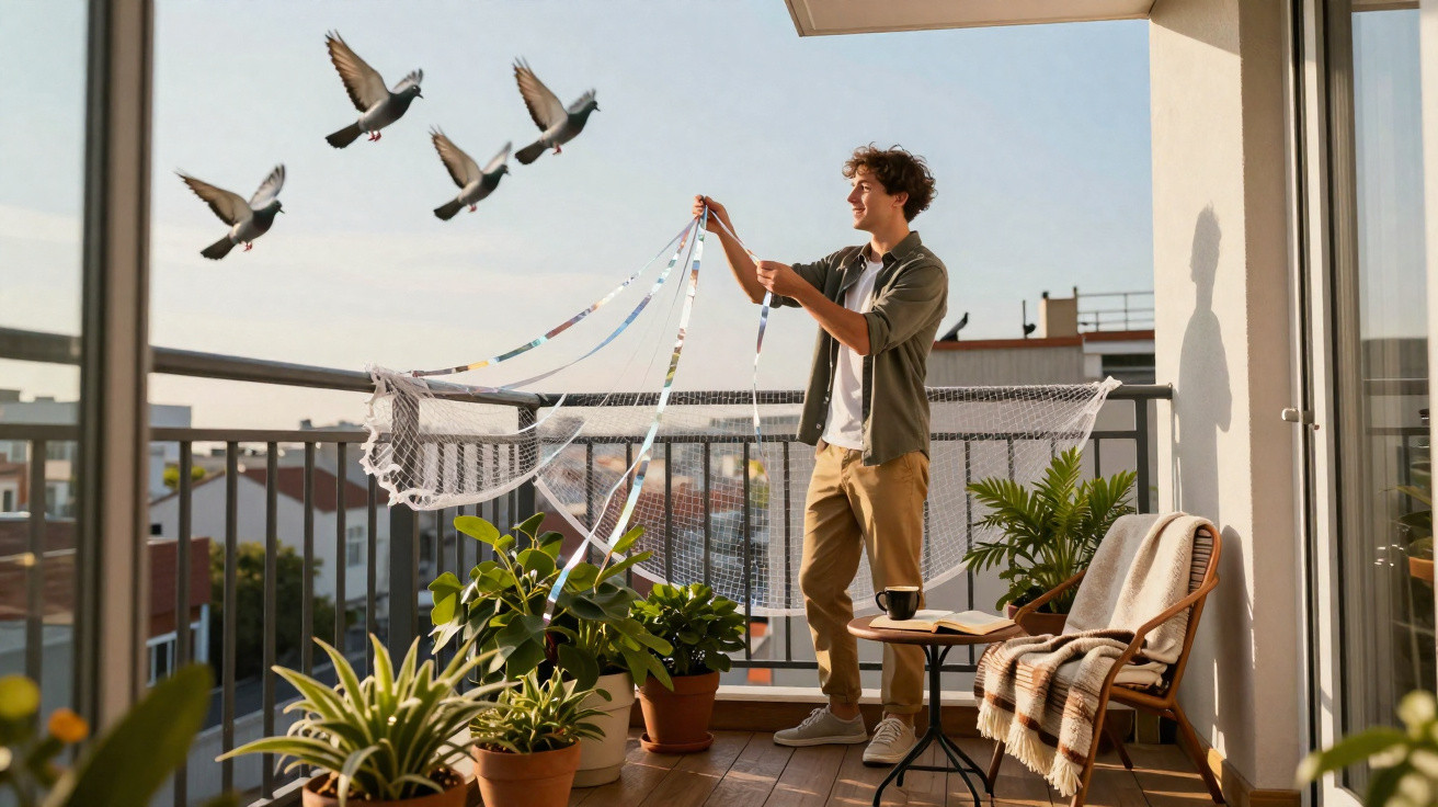 Jovem num terraço urbano a alimentar pombos com fita colorida e plantas ao redor durante o dia.