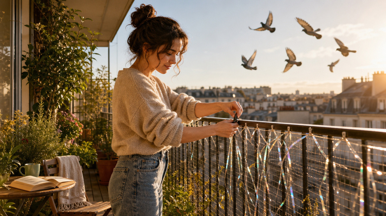 Mulher arruma luzes num varandim ao pôr do sol, com pombos a voar e edifícios ao fundo numa cidade.