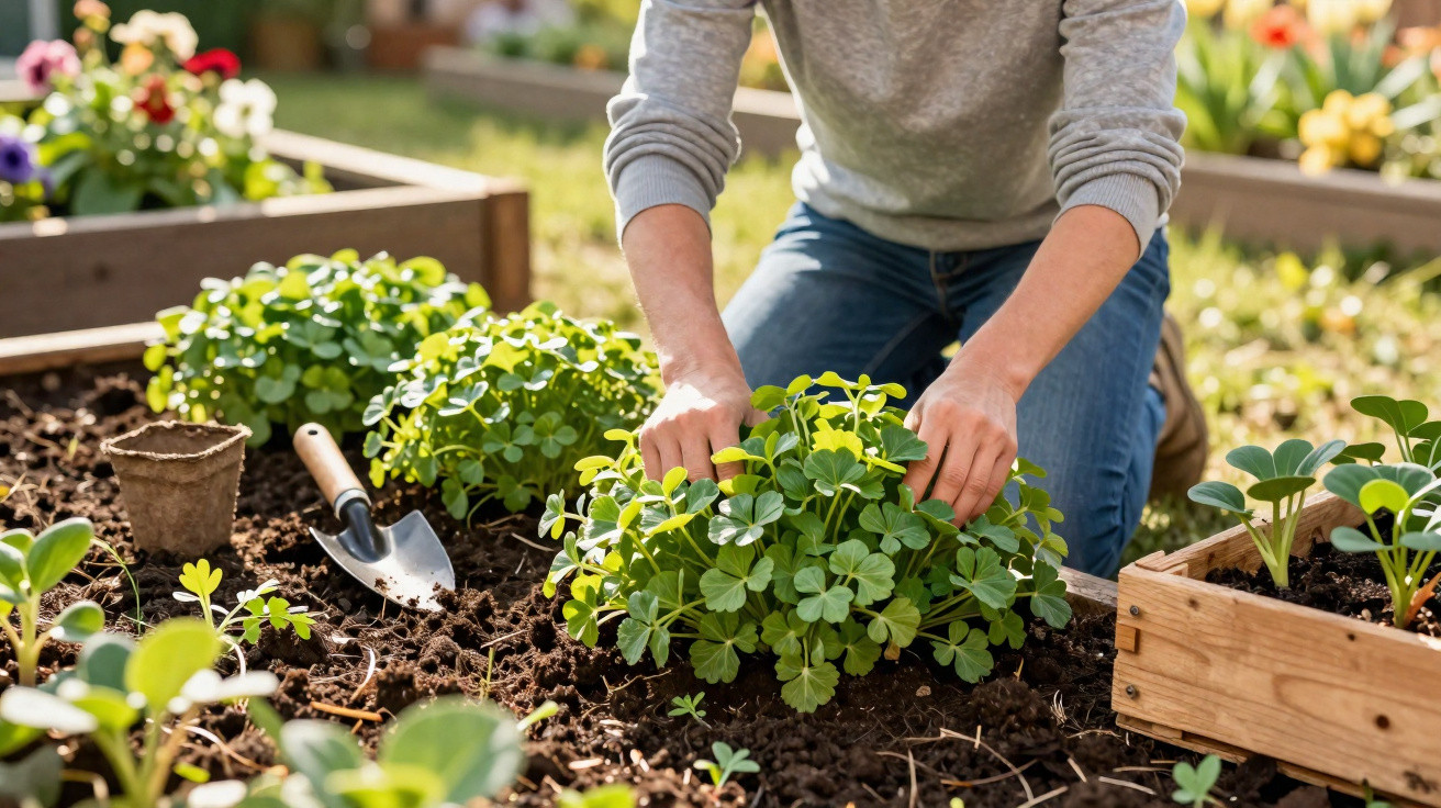 Pessoa a cuidar de plantas verdes num jardim com ferramentas e vasos ao redor.