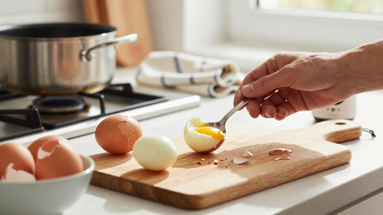 Mão a retirar gema mole de ovo cozido com colher numa tábua de cozinha em ambiente luminoso.