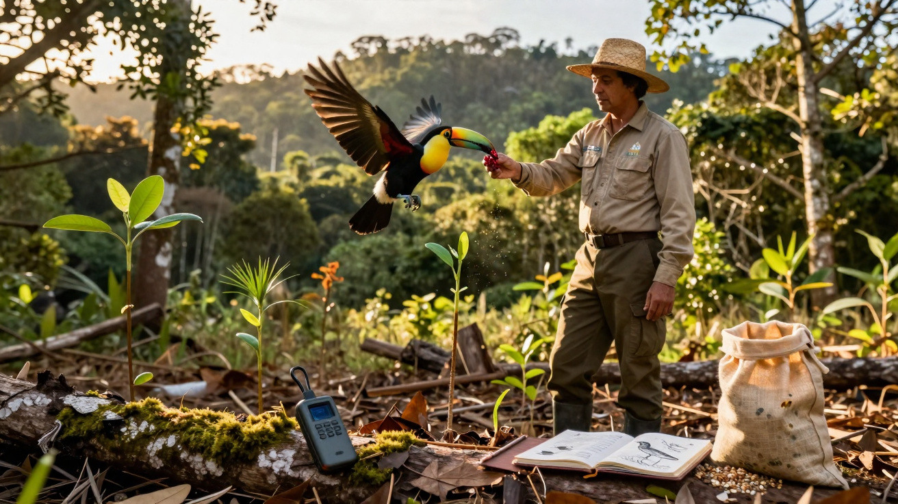 Homem de chapéu alimentar um tucano numa área florestal com livros e equipamento no chão.