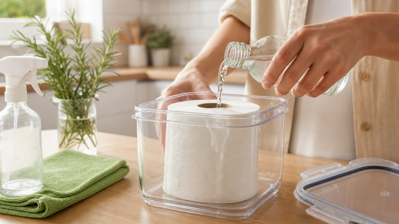 Pessoa a verter líquido sobre um rolo de papel de cozinha dentro de um recipiente transparente na cozinha.