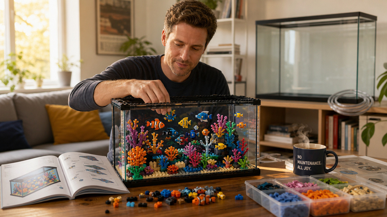 Homem monta aquário colorido de peças LEGO numa sala com livro aberto e chá numa caneca ao lado.