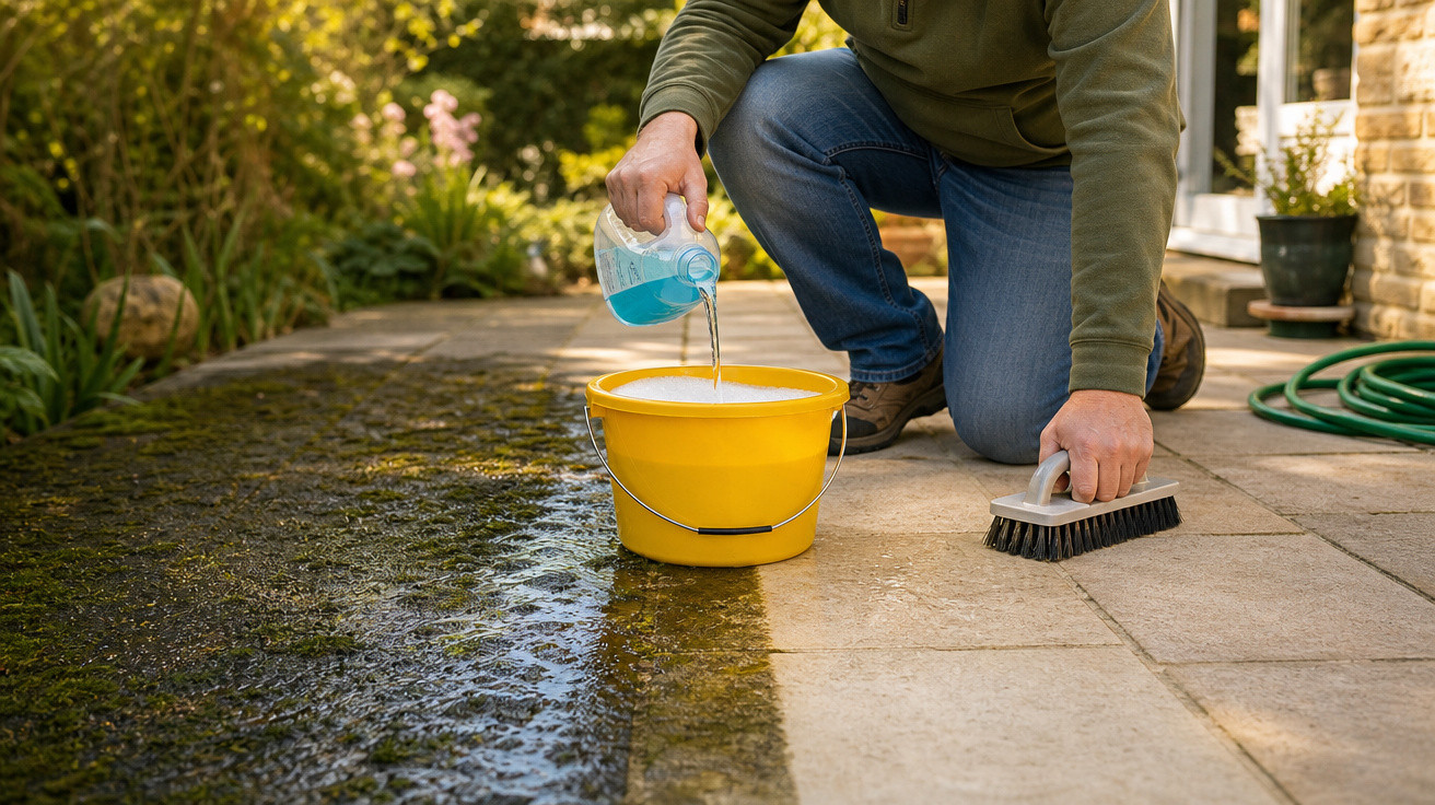 Pessoa a verter detergente azul num balde amarelo para limpar um chão exterior com escova.
