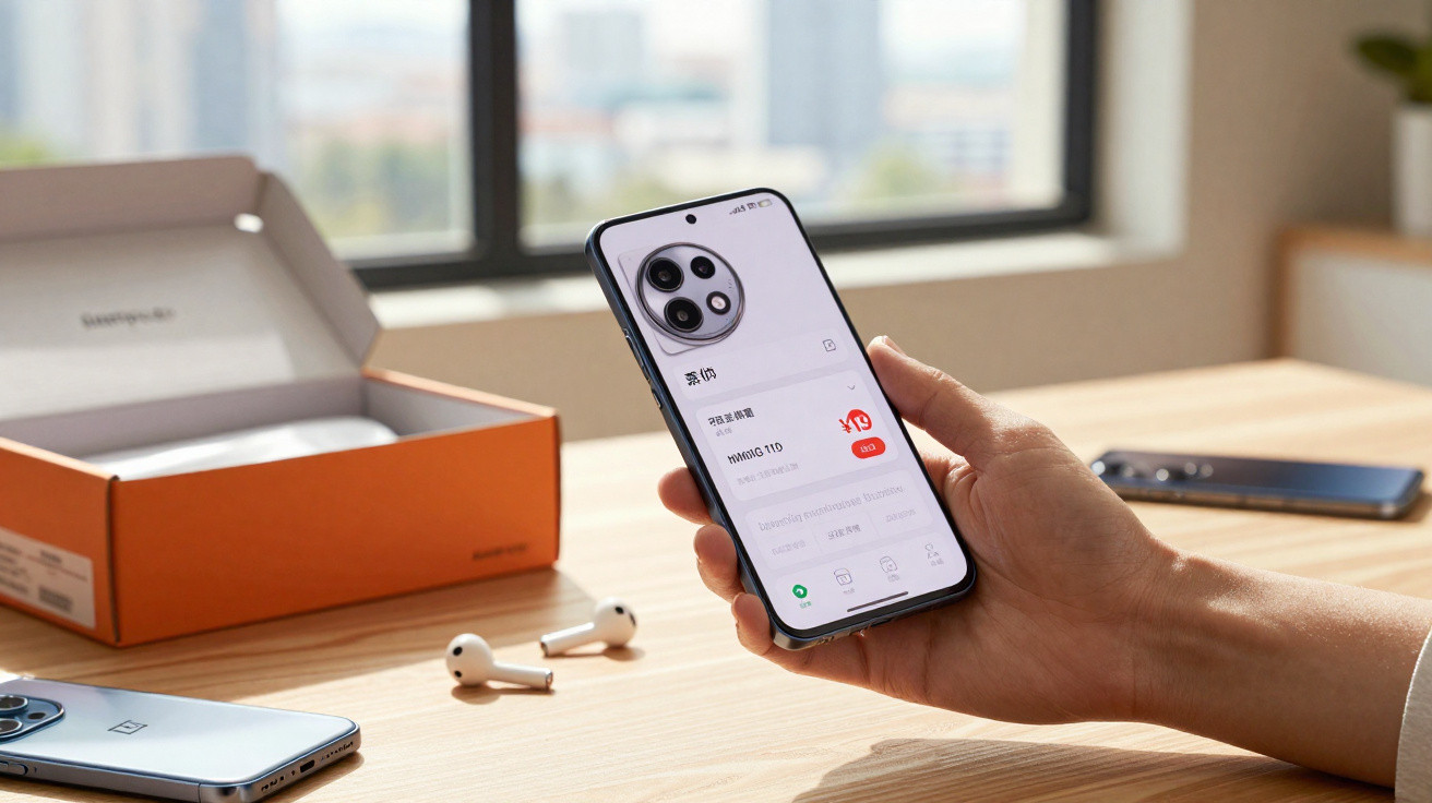Pessoa a segurar smartphone com ecrã ligado numa mesa com auscultadores e caixa aberta.