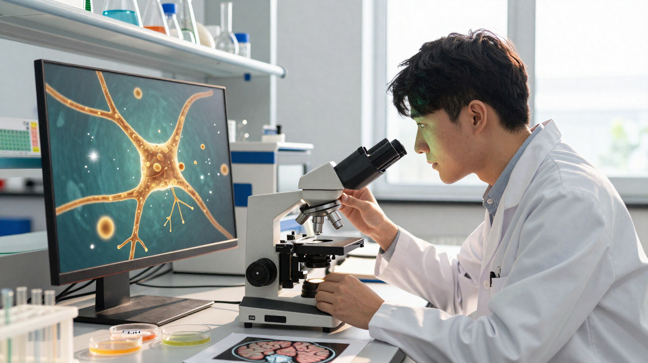 Cientista numa sala de laboratório observa imagem de neurona no monitor enquanto usa microscópio óptico.