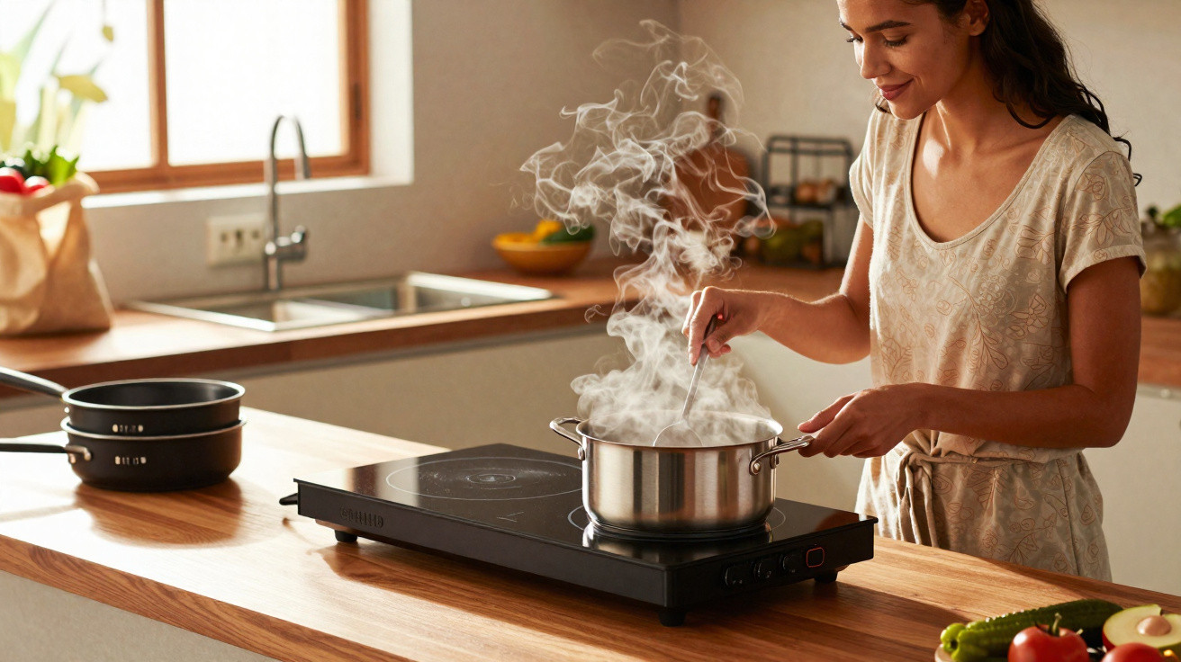 Mulher a cozinhar numa panela com vapor num fogão portátil numa cozinha moderna e luminosa.