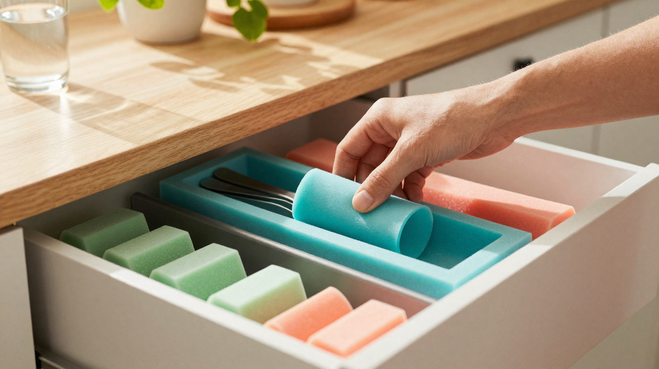 Gaveta organizada com esponjas coloridas e uma mão a guardar um copo de plástico azul para secar.