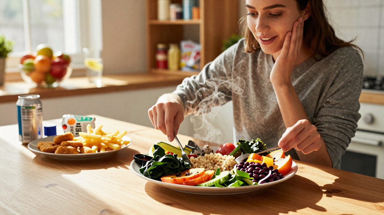 Mulher sentada a comer uma refeição saudável com legumes, leguminosas e cereais numa cozinha iluminada.