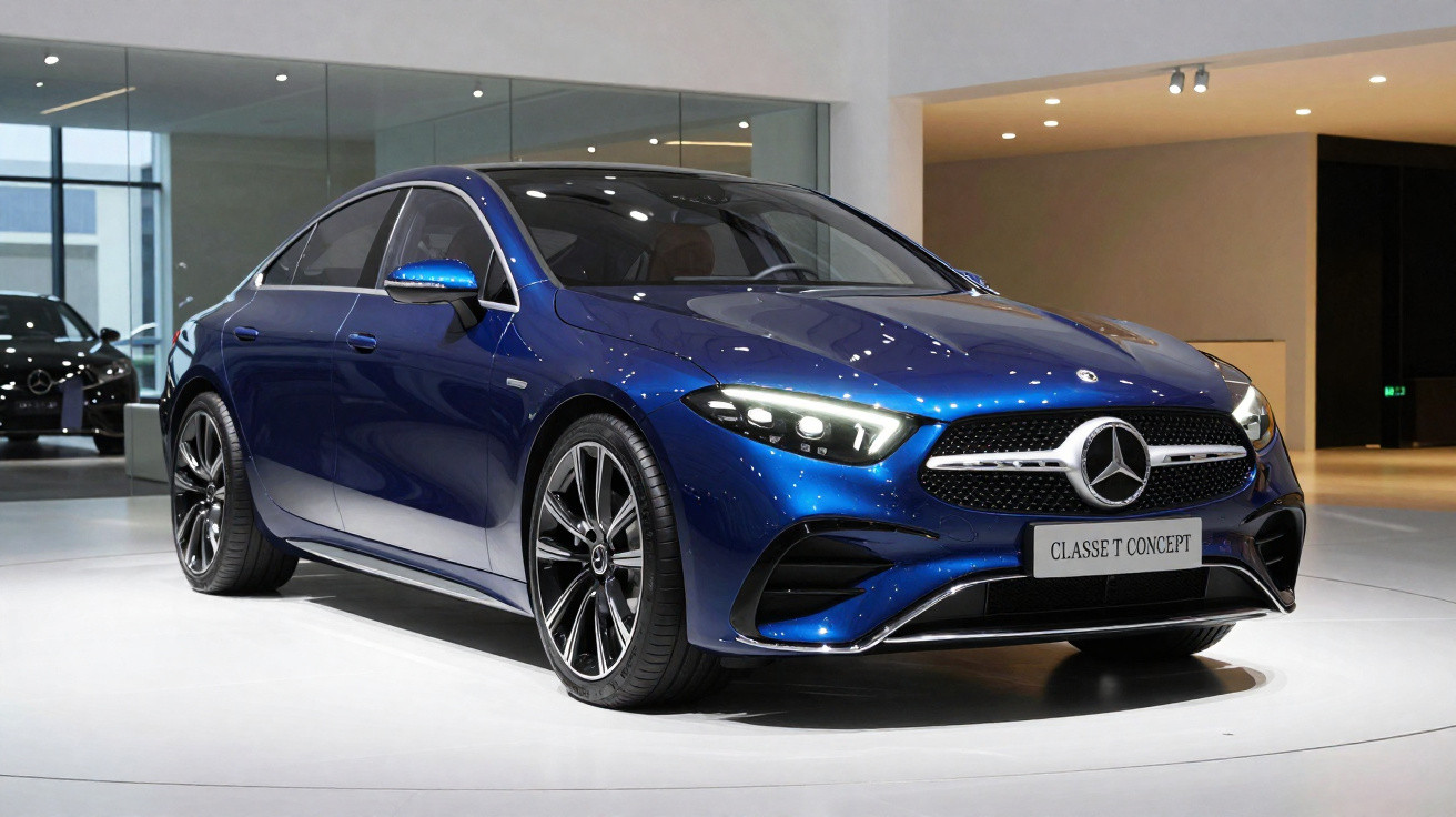 Carro Mercedes-Benz Classe T Concept azul metálico estacionado em exposição interior moderna.