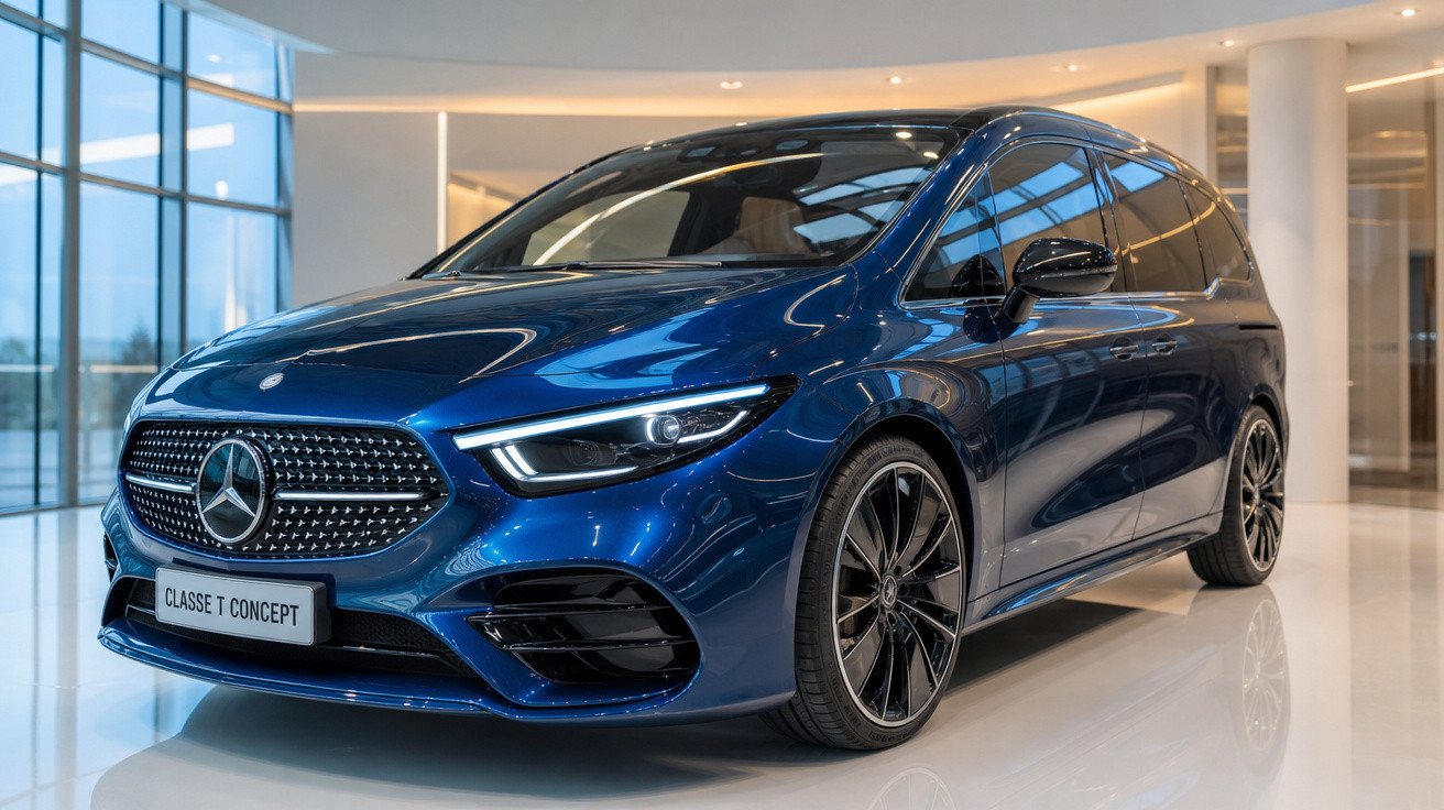 Mercedes-Benz Classe T Concept azul metálico exibido em interiores modernos e luminosos.