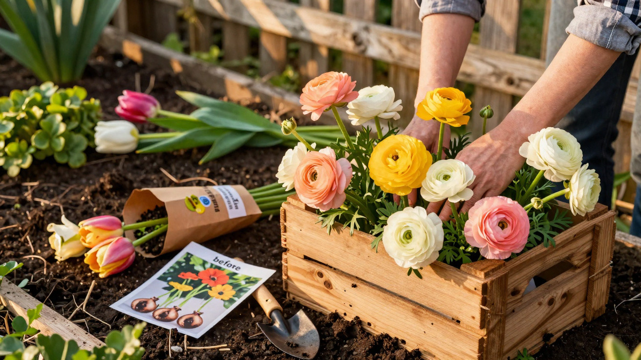 Mãos a colocar flores coloridas numa caixa de madeira numa horta com terra e ferramentas de jardinagem.