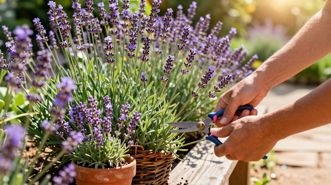 Mãos a podar flores de lavanda roxas em vasos num jardim ensolarado.