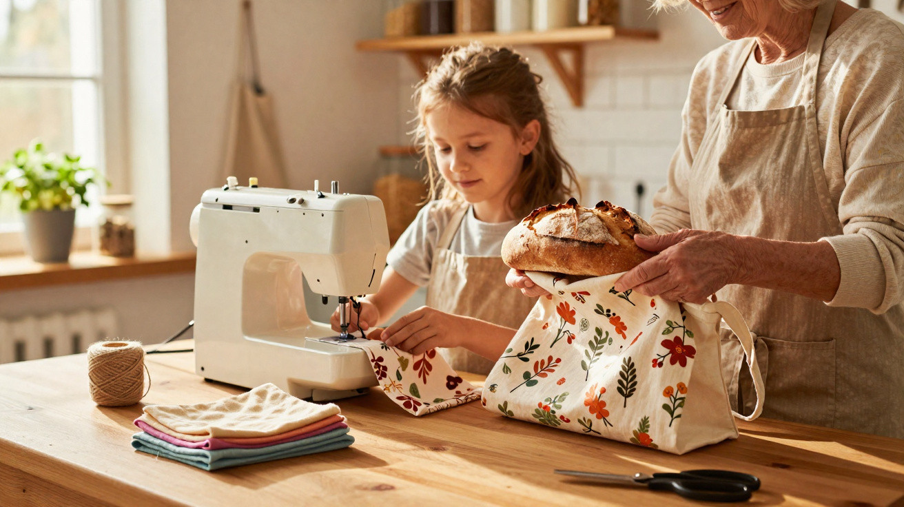 Avó e neta a coser e guardar pão num saco de pano com padrão floral na cozinha luminosa.