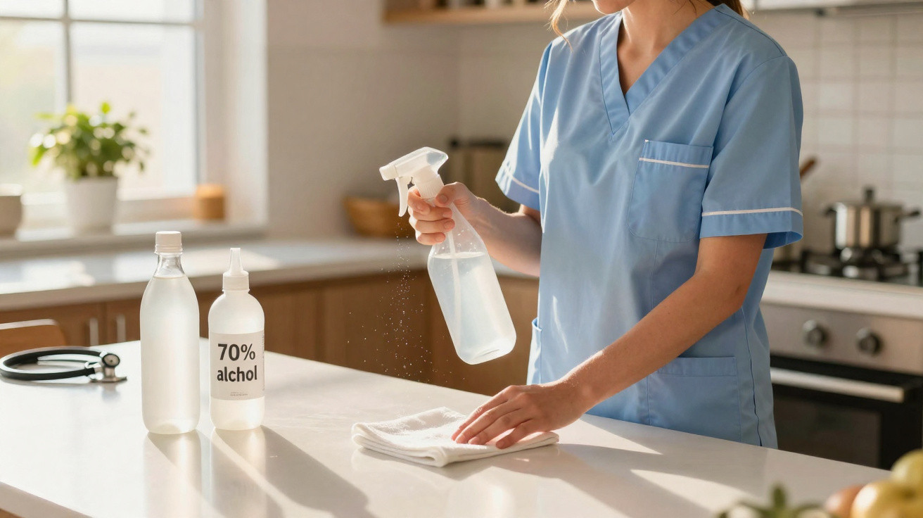 Profissional de saúde em uniforme azul desinfeta uma superfície branca com spray e pano numa cozinha.