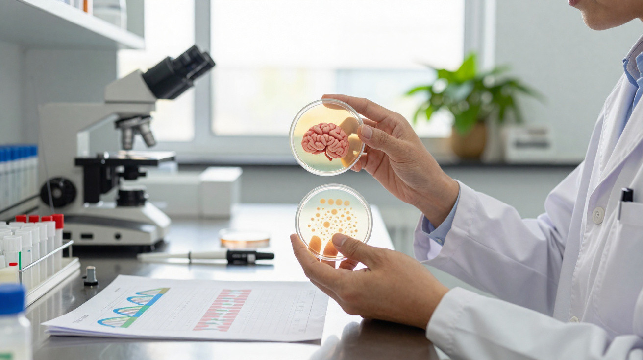 Mão de pessoa com bata de laboratório segurando duas placas de Petri, uma com modelo de cérebro, em ambiente de laboratório.