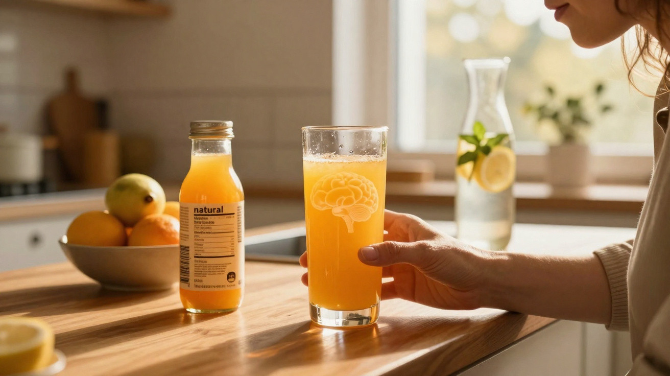 Pessoa a segurar copo de sumo de laranja num balcão de cozinha com garrafa e taça de fruta atrás.