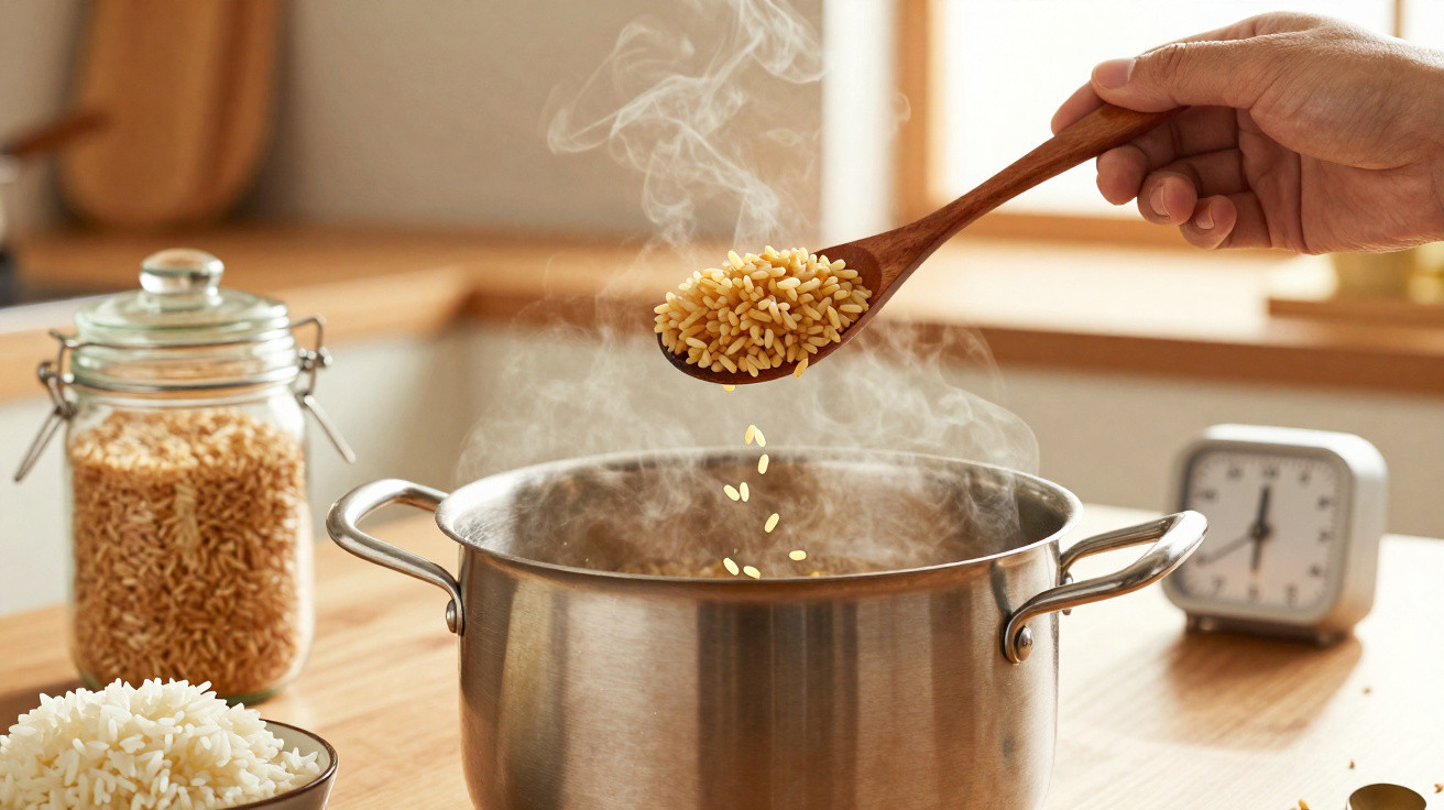 Colher de pau a adicionar arroz a panela com vapor numa cozinha iluminada natural.