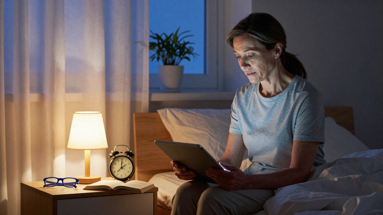 Mulher sentada na cama à noite, a ler um tablet, com luz de candeeiro e despertador numa mesa de cabeceira.