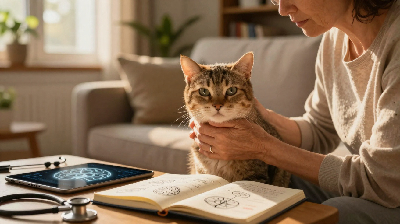 Mulher acaricia gato junto a livro aberto, tablet e estetoscópio numa sala acolhedora iluminada pela janela.