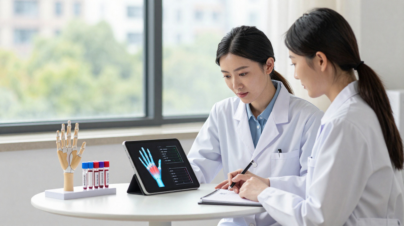 Duas médicas em bata branca analisam exame digital da mão com modelo anatómico e tubos de ensaio numa mesa branca.