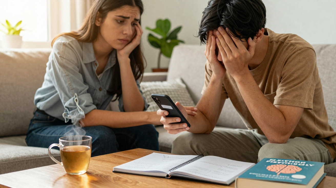 Casal preocupado sentado no sofá, homem vê telemóvel, mesa com chá, caderno aberto e livro sobre psicologia.