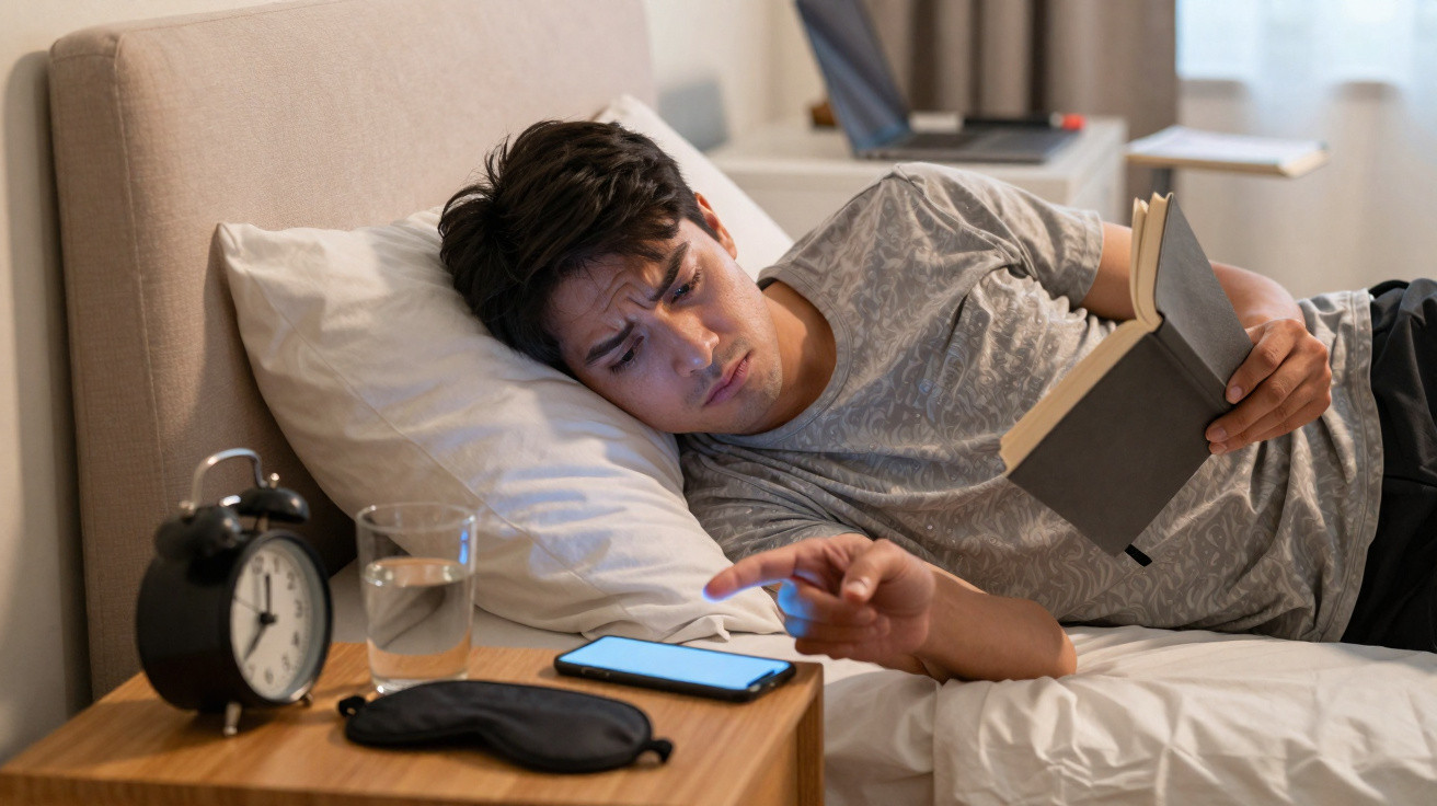 Homem deitado na cama a ler um livro e a olhar para o telemóvel na mesa de cabeceira com despertador e copo de água.