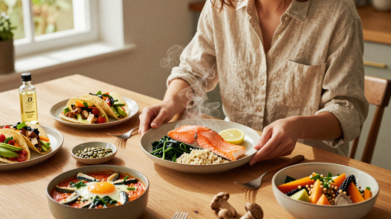 Pessoa a segurar prato com salmão, espinafres e arroz, rodeada de várias tigelas com comida saudável numa mesa de madeira.