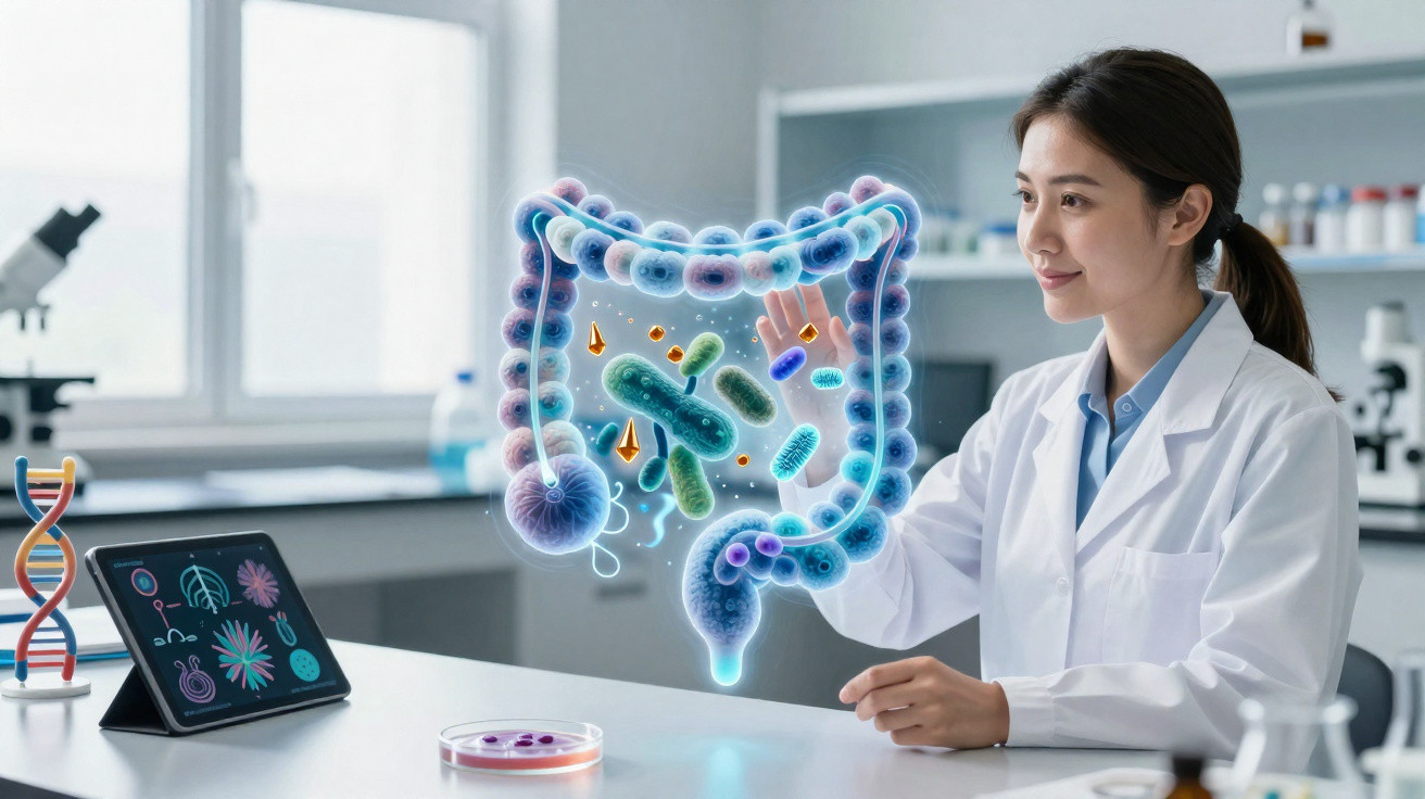 Cientista em laboratório interage com imagem virtual de intestino e microrganismos ao seu redor.