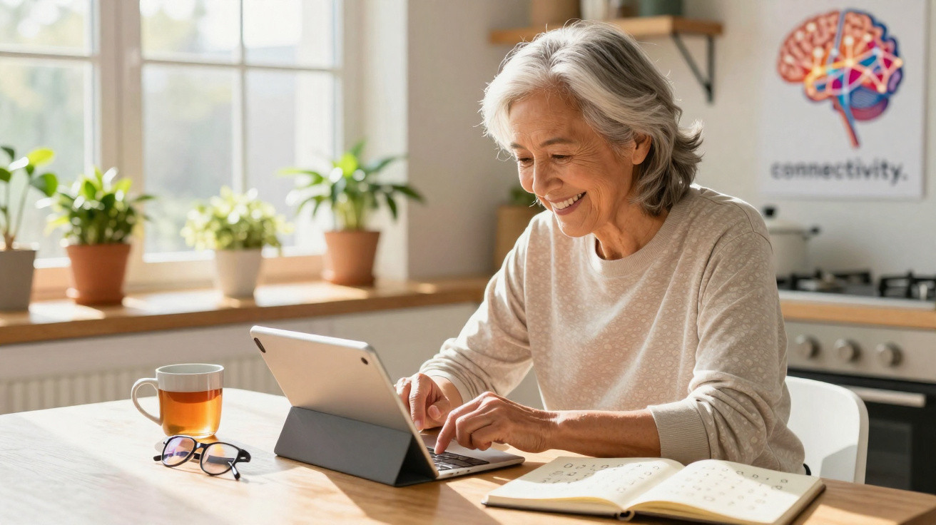 Mulher sénior sorridente a usar um tablet numa cozinha luminosa com plantas, chá e caderno aberto na mesa.