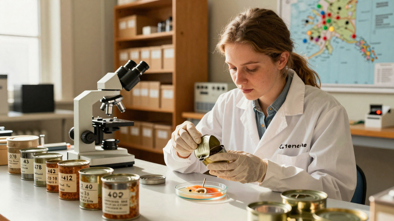 Cientista a analisar amostras de alimentos enlatados numa caixa de Petri num laboratório bem iluminado.