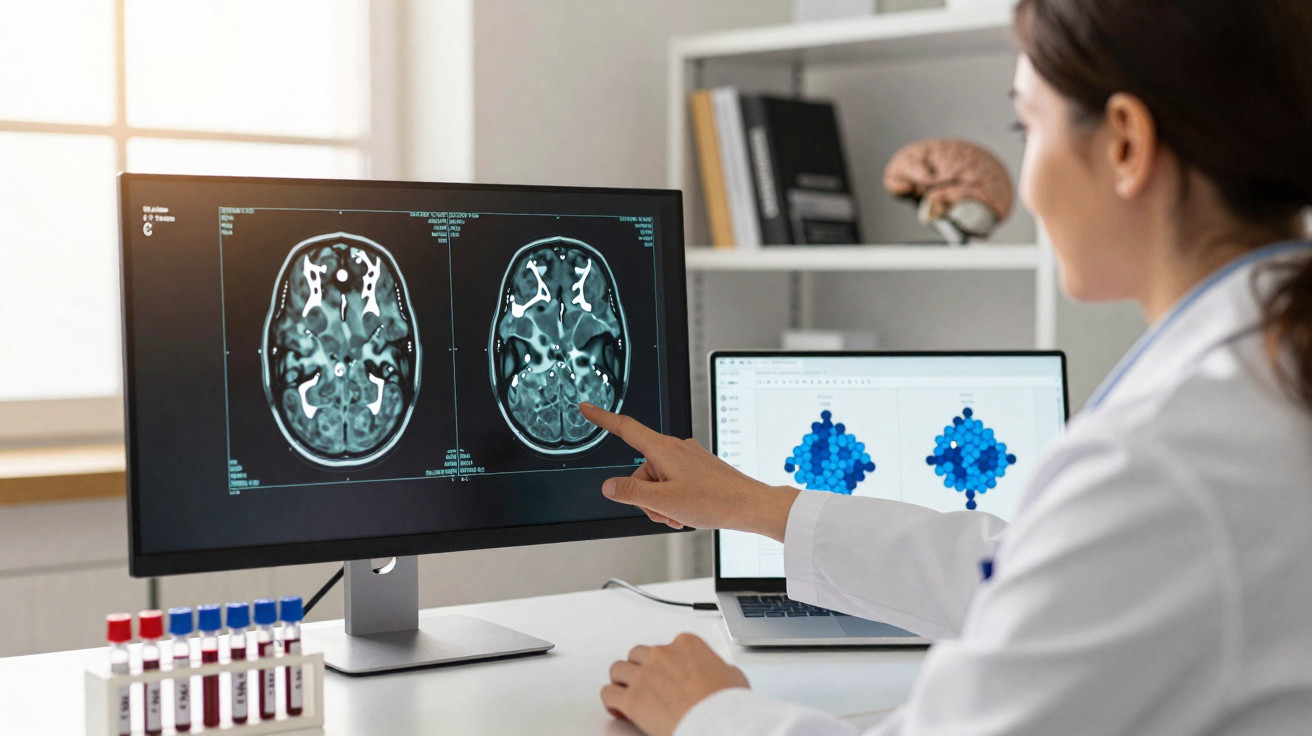 Médica analisa imagens de ressonância cerebral num monitor num consultório moderno.