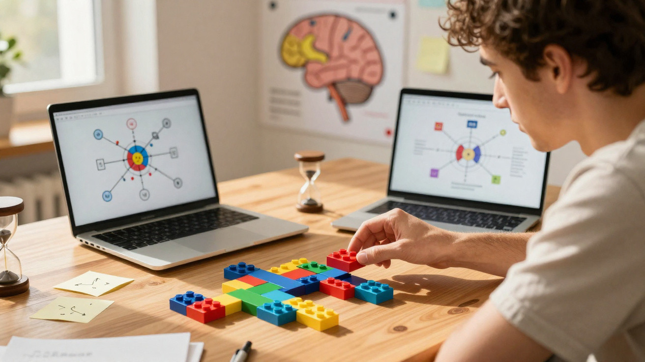 Pessoa a montar figura com blocos coloridos numa mesa, com dois computadores e gráficos ao fundo.