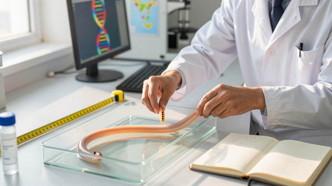 Cientista examina verme transparente com segmentos laranja num tabuleiro em laboratório cientifico.