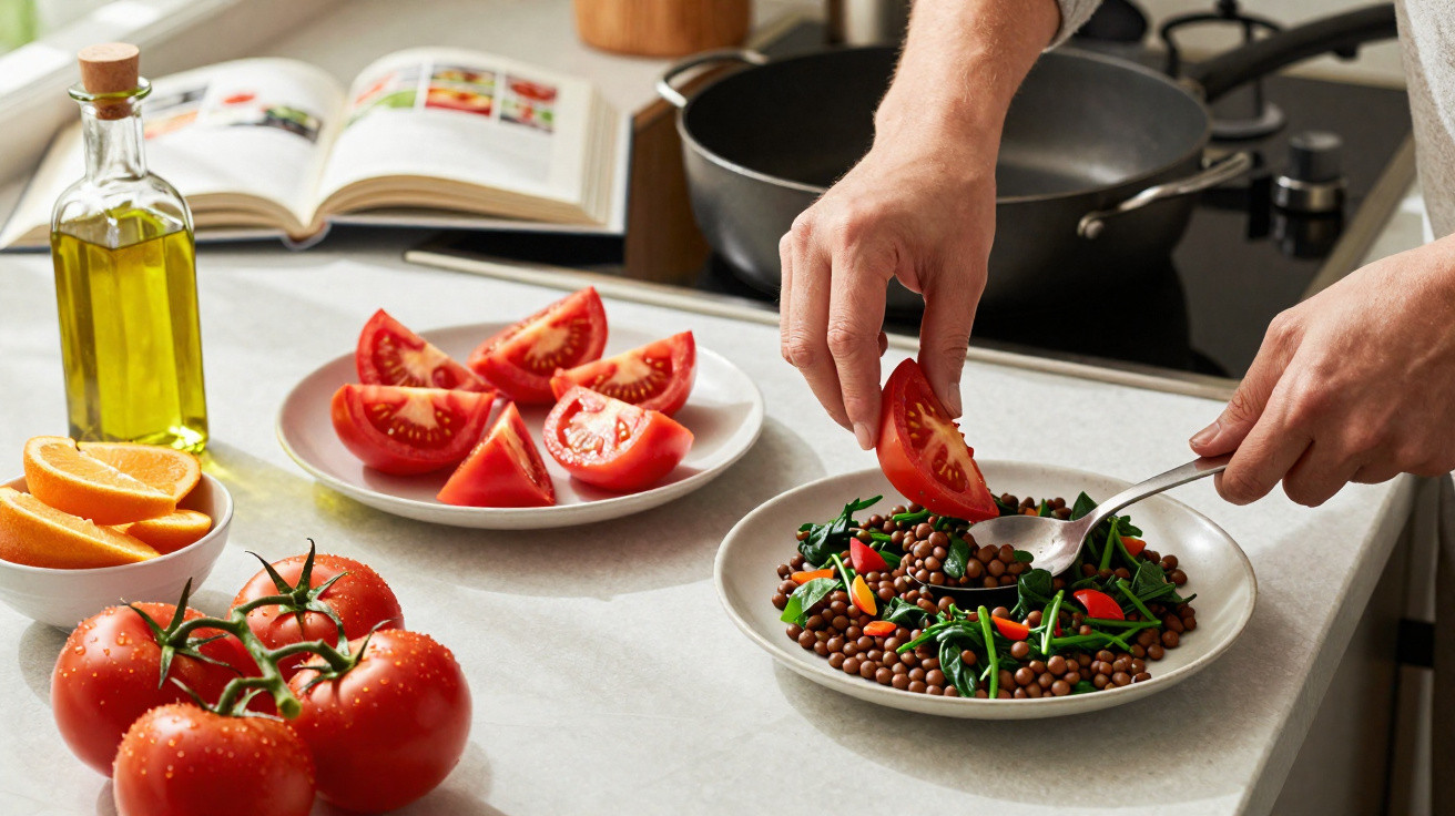 Mãos a colocar tomate num prato com lentilhas, espinafres e pimentos na cozinha.