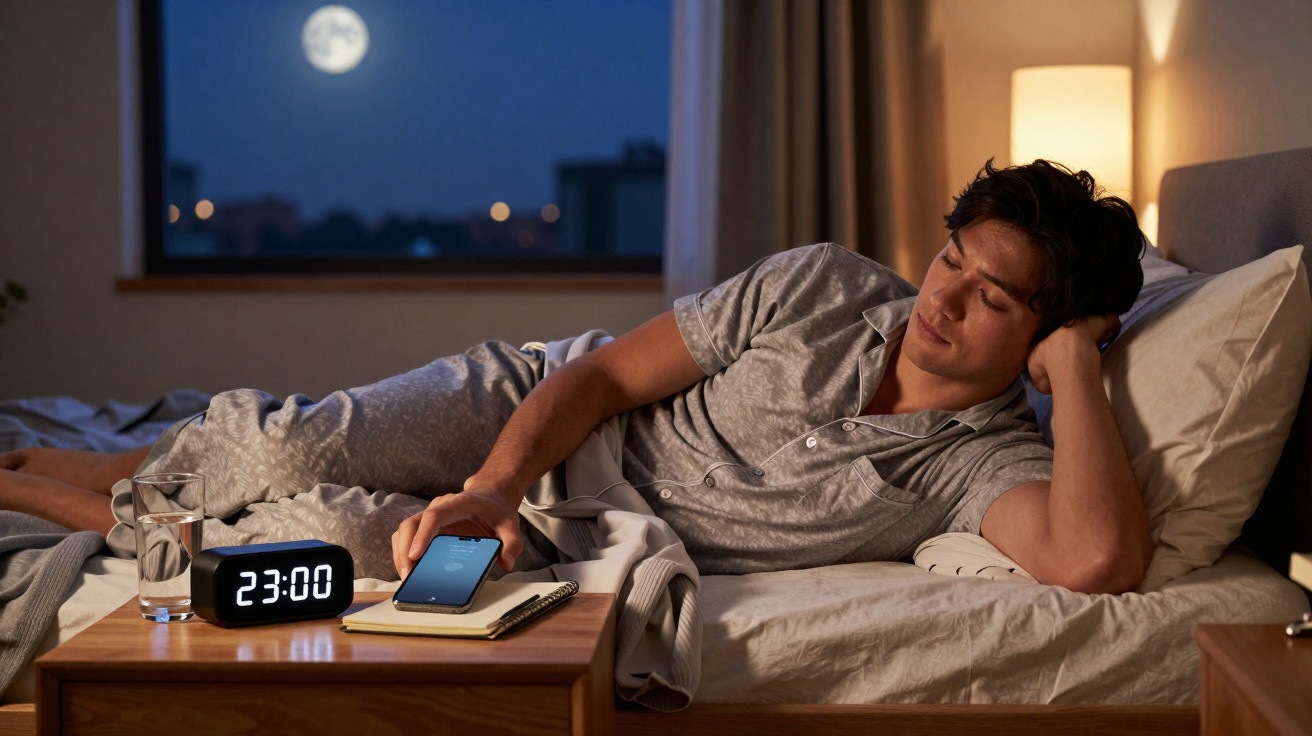 Homem de pijama a deitar na cama à noite, com relógio digital a mostrar 23:00 e a segurar num telemóvel.