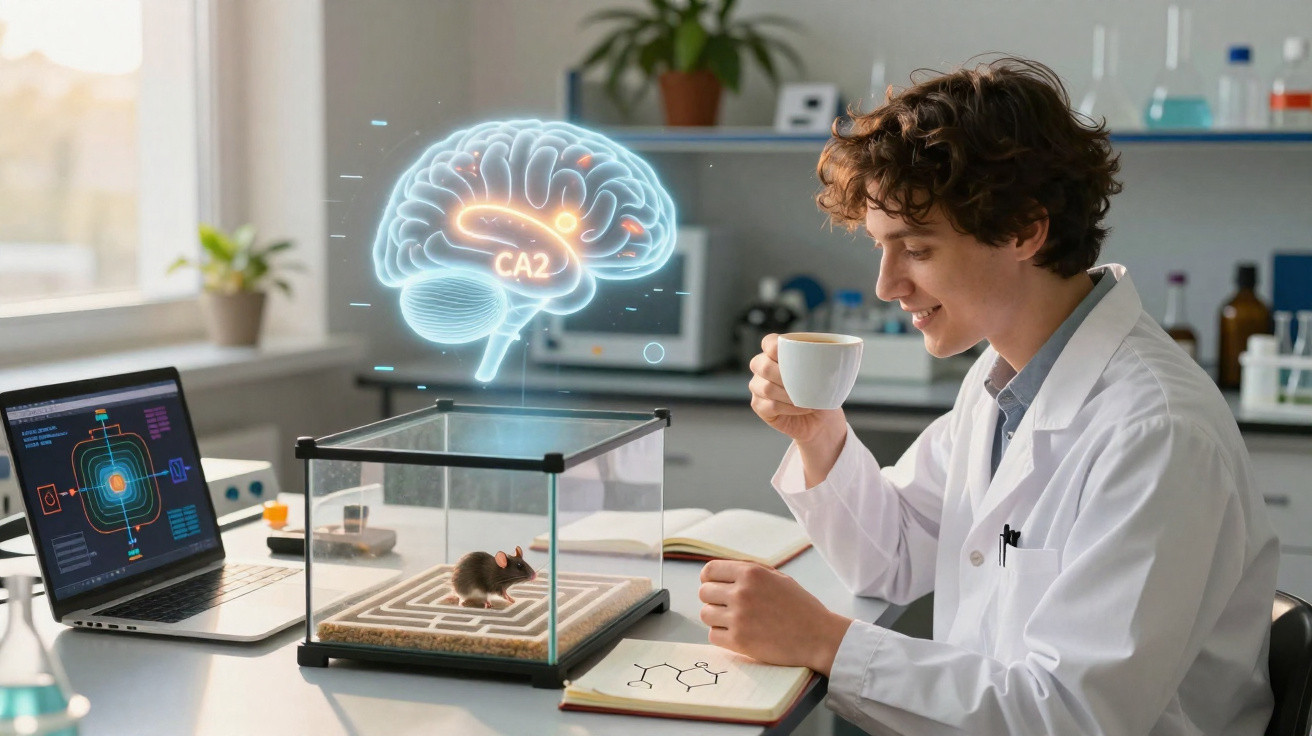 Cientista numa sala de laboratório observa rato num labirinto com projeção holográfica de cérebro e bebe café.