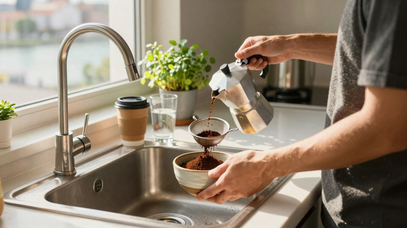 Pessoa a limpar uma cafeteira italiana de café usado numa cozinha luminosa junto à janela.