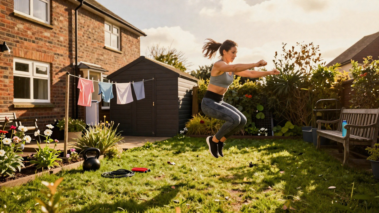 Mulher faz exercício de salto no jardim de uma casa, com roupa de treino e sol da tarde.