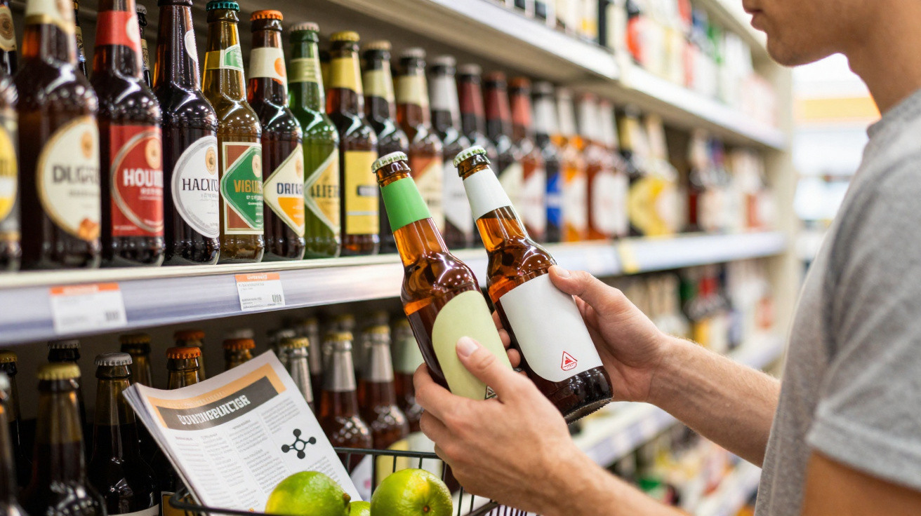 Pessoa compara duas garrafas de cerveja numa prateleira de supermercado com várias opções atrás.